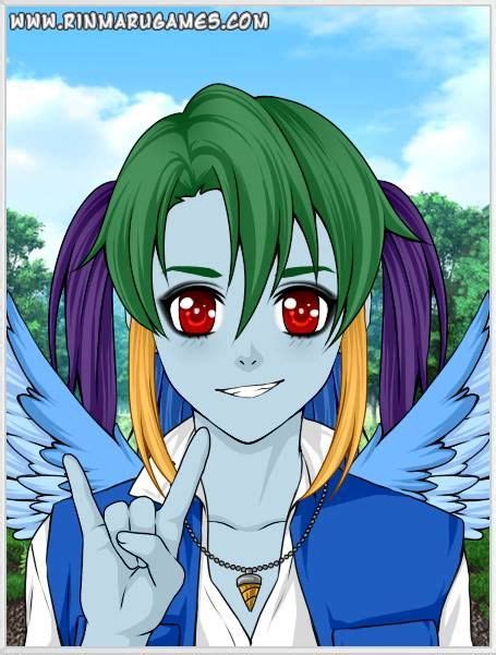 An Anime Character With Green Hair And Red Eyes Giving The Peace Sign