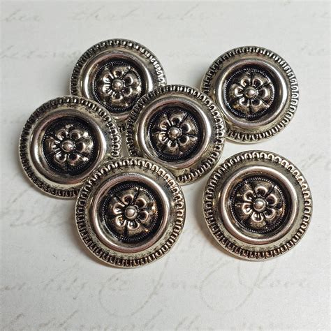 Fancy Bright Silver Coat Buttons Set Of 6 Metal Flower Buttons 78