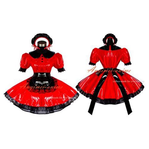 Sexy Sissy Maid Red Pvc Dress Lockable Uniform Cosplay Costume Tailor