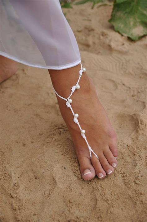 beach wedding white and pearl beaded barefoot sandals wedding etsy bridal foot jewelry
