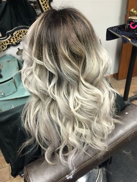 Dark Shadow Root To Silver Gray Ends Balayage Hair Brunette Short