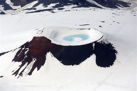 Aerial View Of Crater Lake In Snowy Mountain Iceland Stock Image