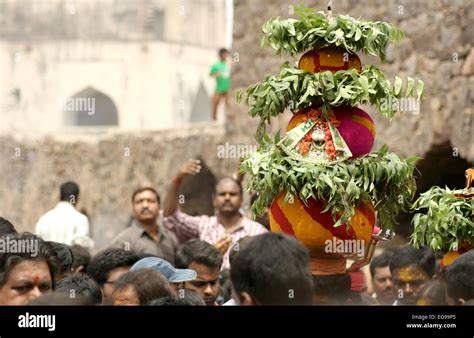 Indian Women Carry Bonam As During Bonalu A Hindu Festival Near Temple