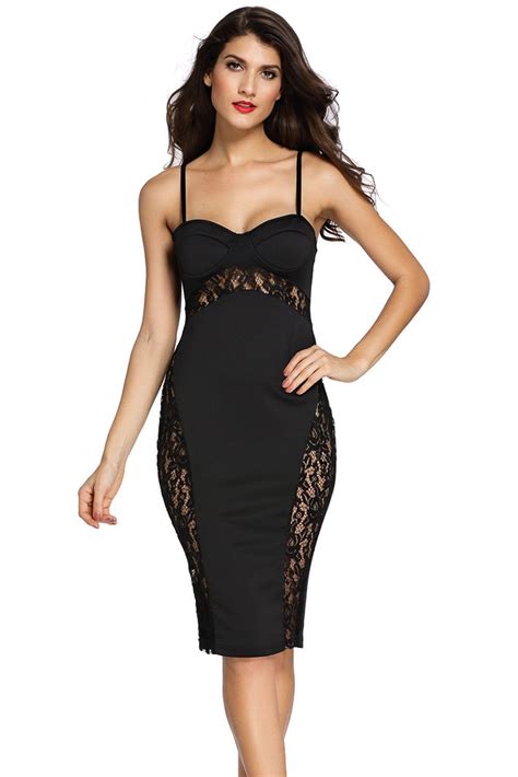 •made of soft quality velvet fabric carefully. Black Lace Accent Spaghetti Straps Midi Dress | Bodycon ...