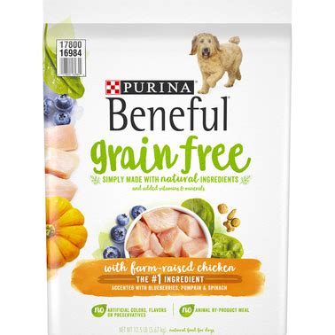 The dashboard displays a dry matter protein reading of 31%, a fat level of 18% and estimated carbohydrates of about 43%. Purina Beneful Grain Free Chicken Flavored Dry Dog Food ...
