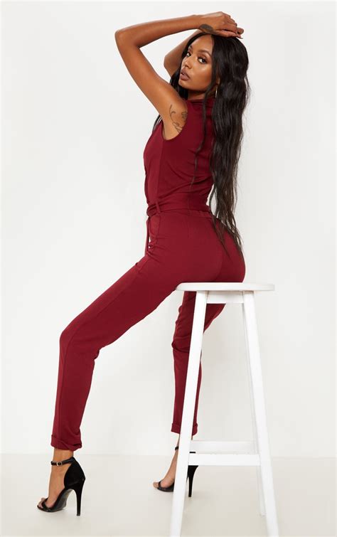 Burgundy Collar Tie Sleeveless Jumpsuit Prettylittlething