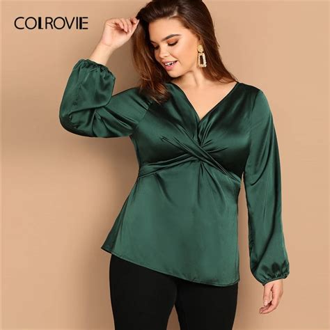 Colrovie Plus Size Green Twist Cross Wrap Satin Elegant Blouse Shirt