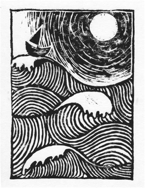 Waves And Boat Linocut Prints Linoleum Printmaking Lino Art