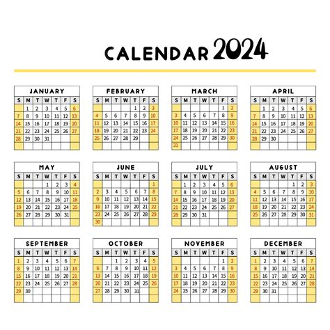 2024 Yellow Calendar Grid Label Vector 2024 Calendar Simple Png And