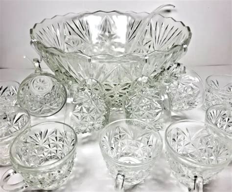 Vintage Anchor Hocking Arlington Glass Punch Bowl Set Cups Ladle Mcm