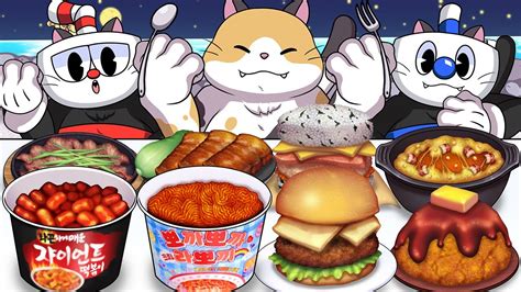mukbang animation cuphead set eating food fighter cat youtube