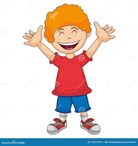 Happy Boy Raise His Hands And Smile Cartoon Vector Illustration Stock