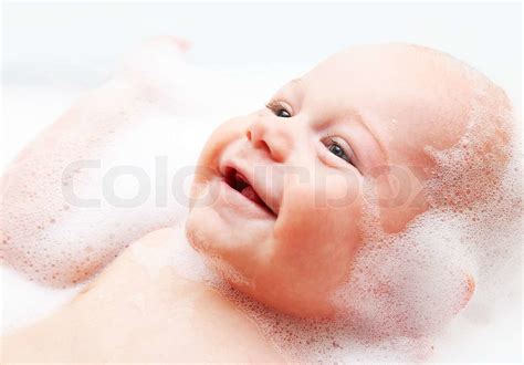 Little Baby Taking Bath Closeup Portrait Of Smiling Boy Health Care