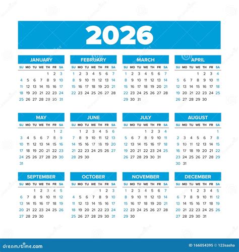 2026 Simple Horizontal Pocket Calendar Grid Template Isolated On White