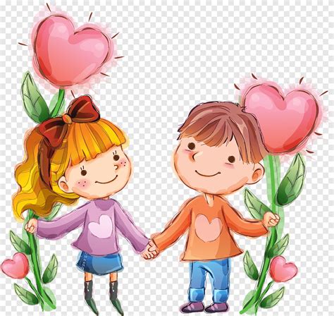 Niña Y Niño Sosteniendo Las Manos Ilustración Día De San Valentín