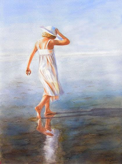 Watercolor Painting Of A Girl In White Dress With White Hat Walking