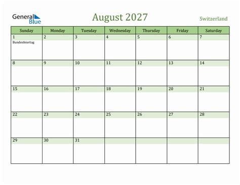 Fillable Holiday Calendar For Switzerland August 2027
