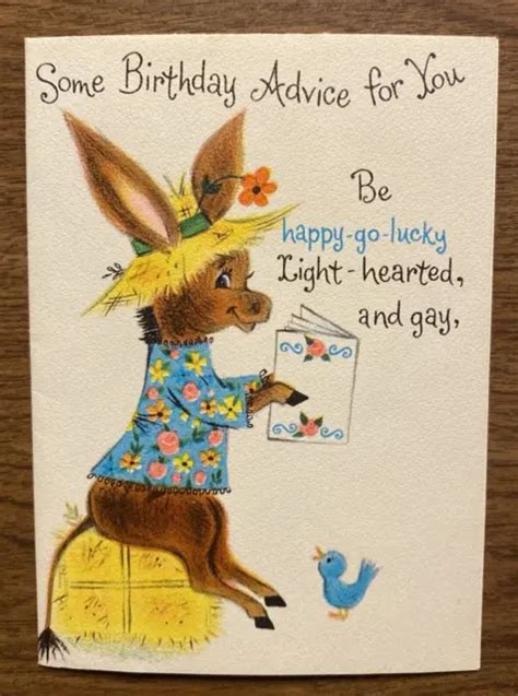Vintage 1960s Hallmark Happy Birthday Card Donkey In Clothes Reading To