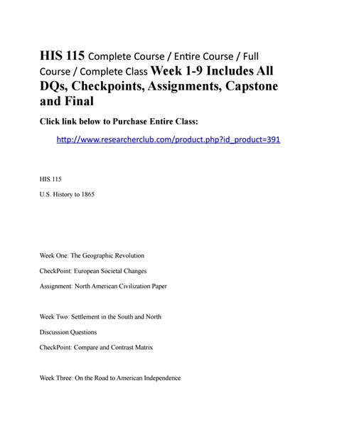 His 115 Complete Course Week 1 9 Includes All Dqs Checkpoints