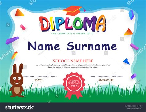 Vektor Stok Preschool Kids Diploma Certificate Elementary School Tanpa