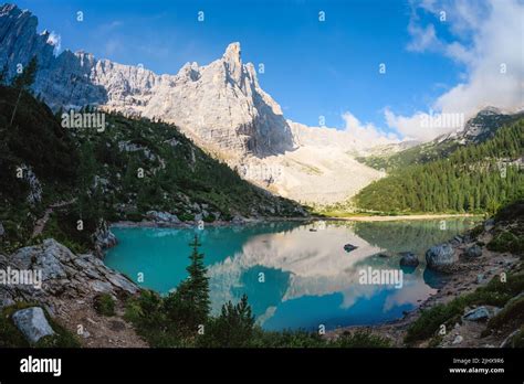 Stunning View Of Lake Sorapis With Its Turquoise Waters And Surrounded