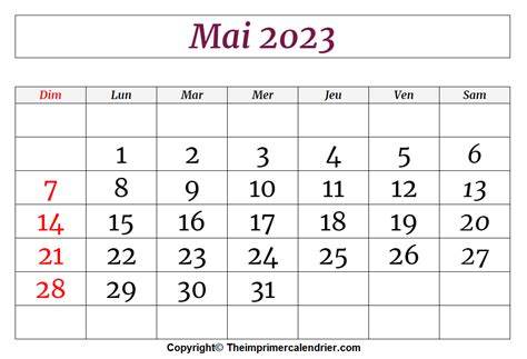 Mai 2023 Calendrier The Imprimer Calendrier