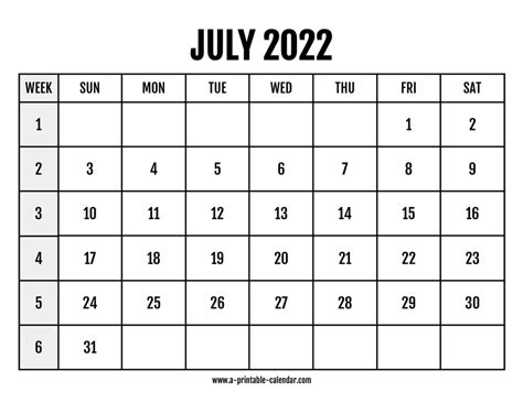 Calendar 2022 July A Printable Calendar