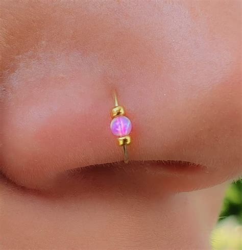 Tiny Pink Opal Nose Hoop Ring Piercings 24 G Nose Hoop Piercings 14k