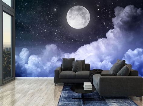 Details About Night Sky Moon Blue Clouds Stars Wall Mural Photo