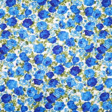 Vintage Blue Rose Cotton Fabric Blue Roses Printed On White Etsy