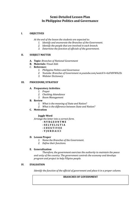 Lesson Plan Branches Of Government Semi Detailed Lesson Plan In
