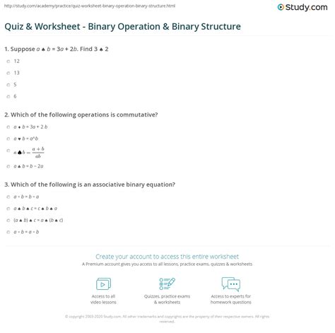 Quiz And Worksheet Binary Operation And Binary Structure
