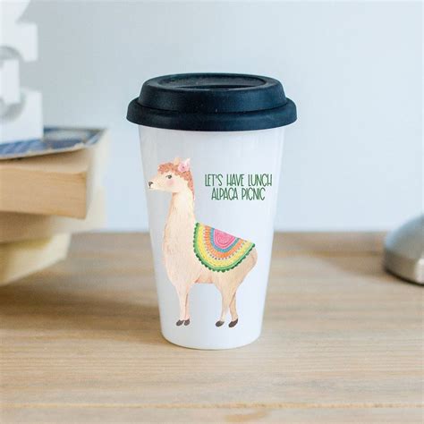 Llama Travel Mug Lets Have Lunch Alpaca Picnic Etsy Uk Mugs