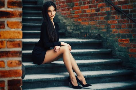 Wallpaper Stairs Legs Women Model Sitting Dark Hair Black Heels