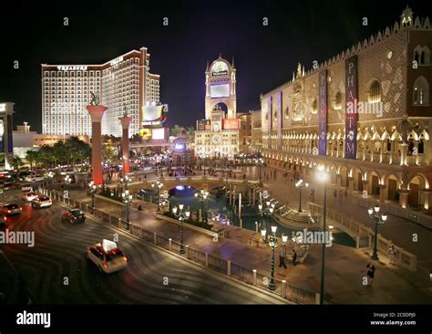 Las Vegas Strip With Venetian Hotel And Treasure Island Hotel Night