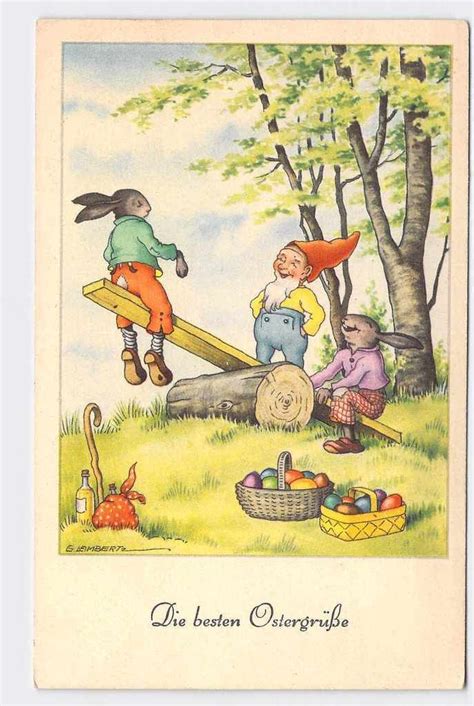 Antique Postcard Anthropomorphic Easter Bunny Rabbit Seesaw Eggs Gnome