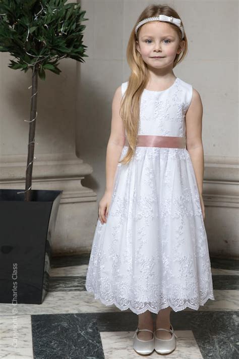 Girls White Lace Dress With Rose Gold Sash Flower Girl Charles Class