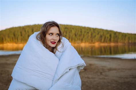 Lazy Time Woman Wrapped In A Blanket Standing On The Shore Enters The