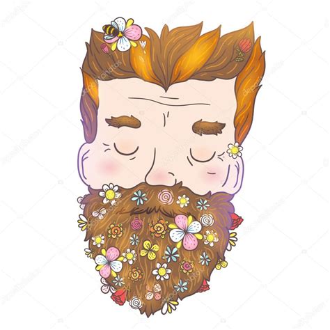 Trendy Cartoon Hipster Man With Flower Beard — Stock Vector