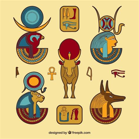 Hand Getrokken Egypte Symbolen En Goden Collectie Premium Vector