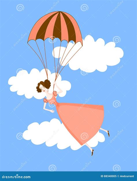 Cute Girl In A Pink Dress Flying On A Parachute Blue Sky Stock Vector