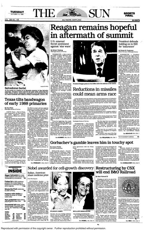 Retro Baltimore The Sun Front Page October 14 1986 Click On The