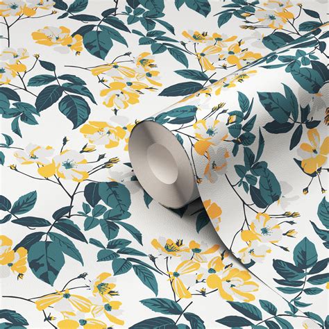Ikok Teal And Yellow Floral Wallpaper Departments Diy At Bandq