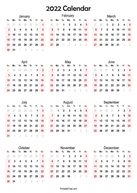 2022 Calendar Printable One Page Printable Yearly Calendar 2022