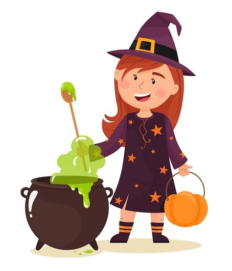 la pequeña bruja está preparando una poción feliz halloween ilustración en estilo de dibujos