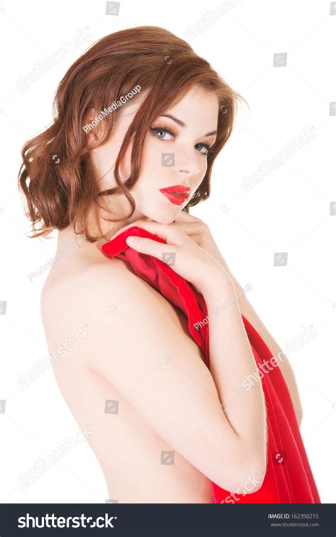 Attractive Naked Woman Red Material Isolated Stock Photo