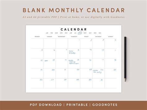 Blank Monthly Calendar Landscape Template Printable Calendar Etsy