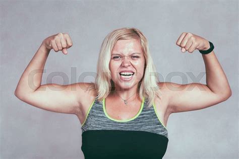 Strong Excited Muscular Woman Flexing Her Muscles Young Blond Sporty
