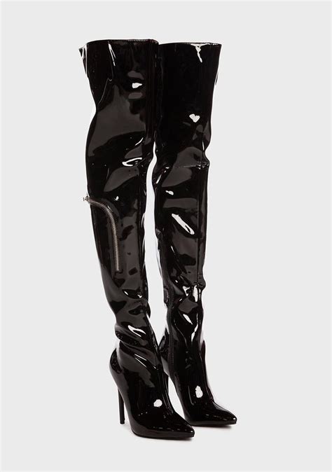 Azalea Wang Patent Zip Thigh High Boots Black Leather Thigh High