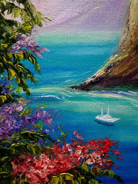 Tropical Landscape Sea Mountain Art Original Oil Painting